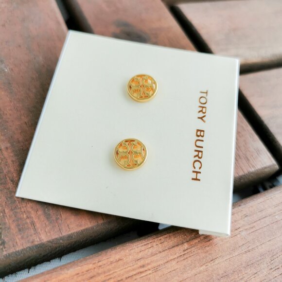 Tory Burch Miller Gold Logo Circle Stud Earrings - Picture 2 of 3
